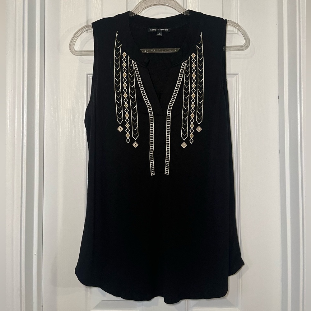 Black Sleeveless Tank Top with Gold Embroidery